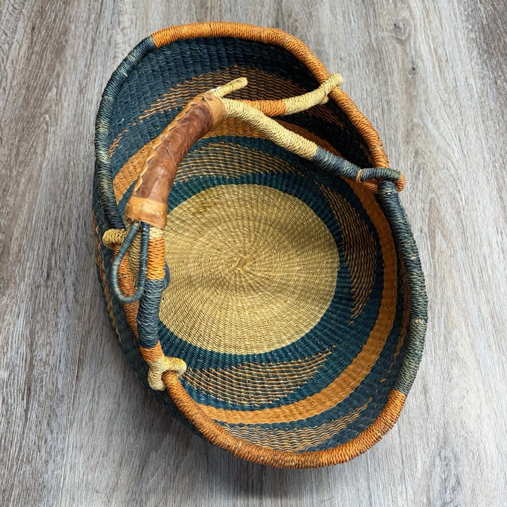 Woven African Bolga Ghana Market Basket Large Leather Handle - Picture 2 of 16